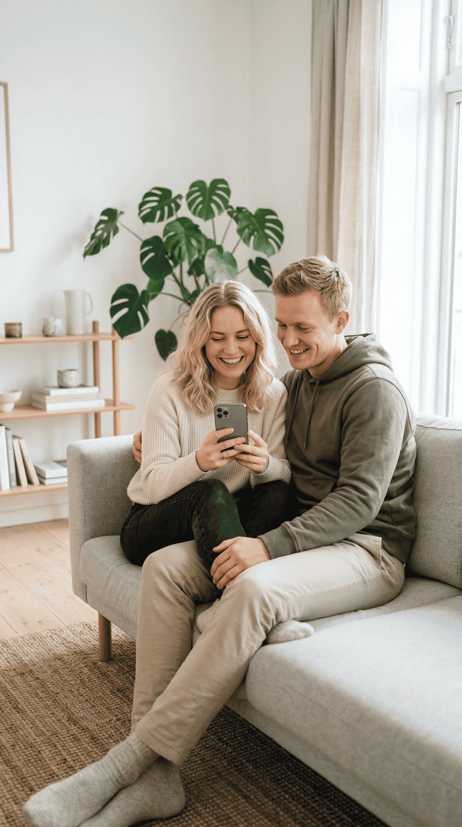 Happy couple using a refurbished phone